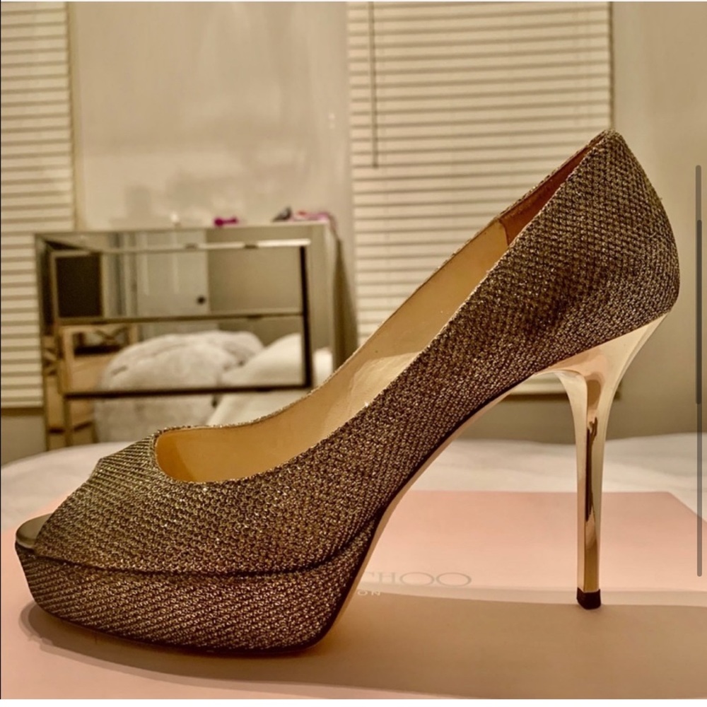 Jimmy Choo Tiara Crown Peep Toe Platform Pump 37 - Picture 3 of 8